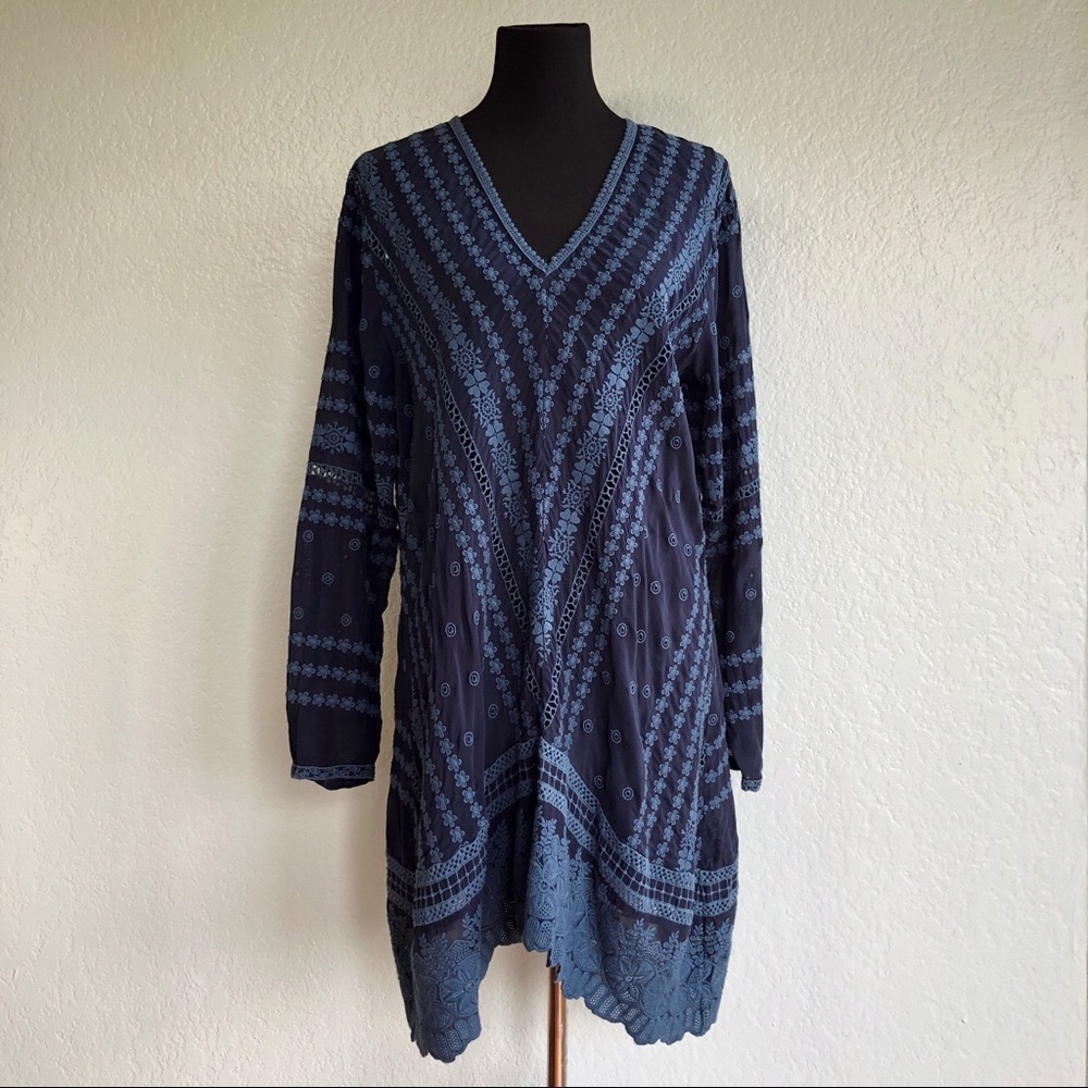 Johnny Was Blue Floral Chevron Embroidered Boho Tunic Top Sz L Bohemian